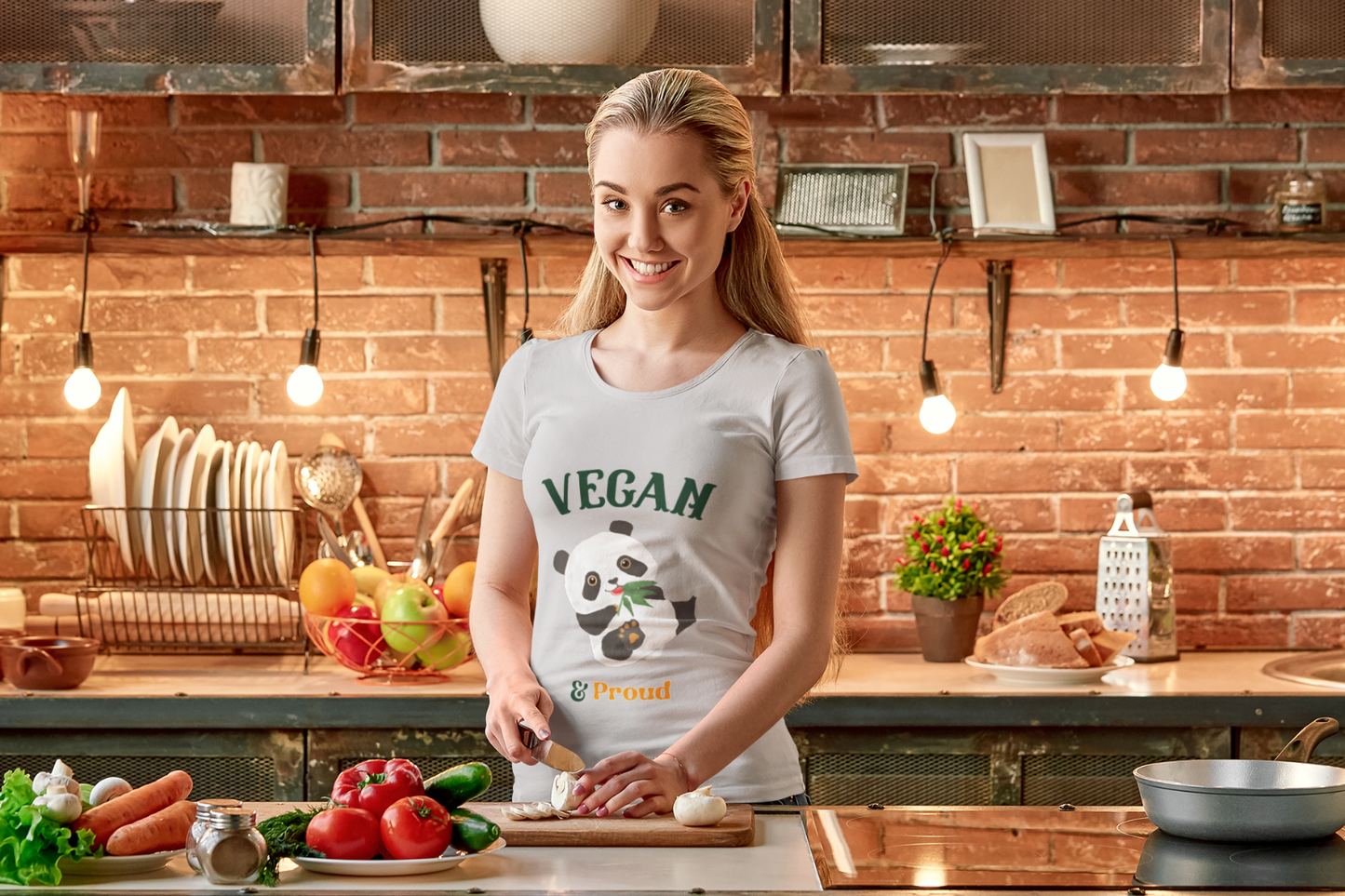 Women's Tee, Vegan Themed T-Shirts, Vegan & Proud, Cute Panda, Powered By Plants