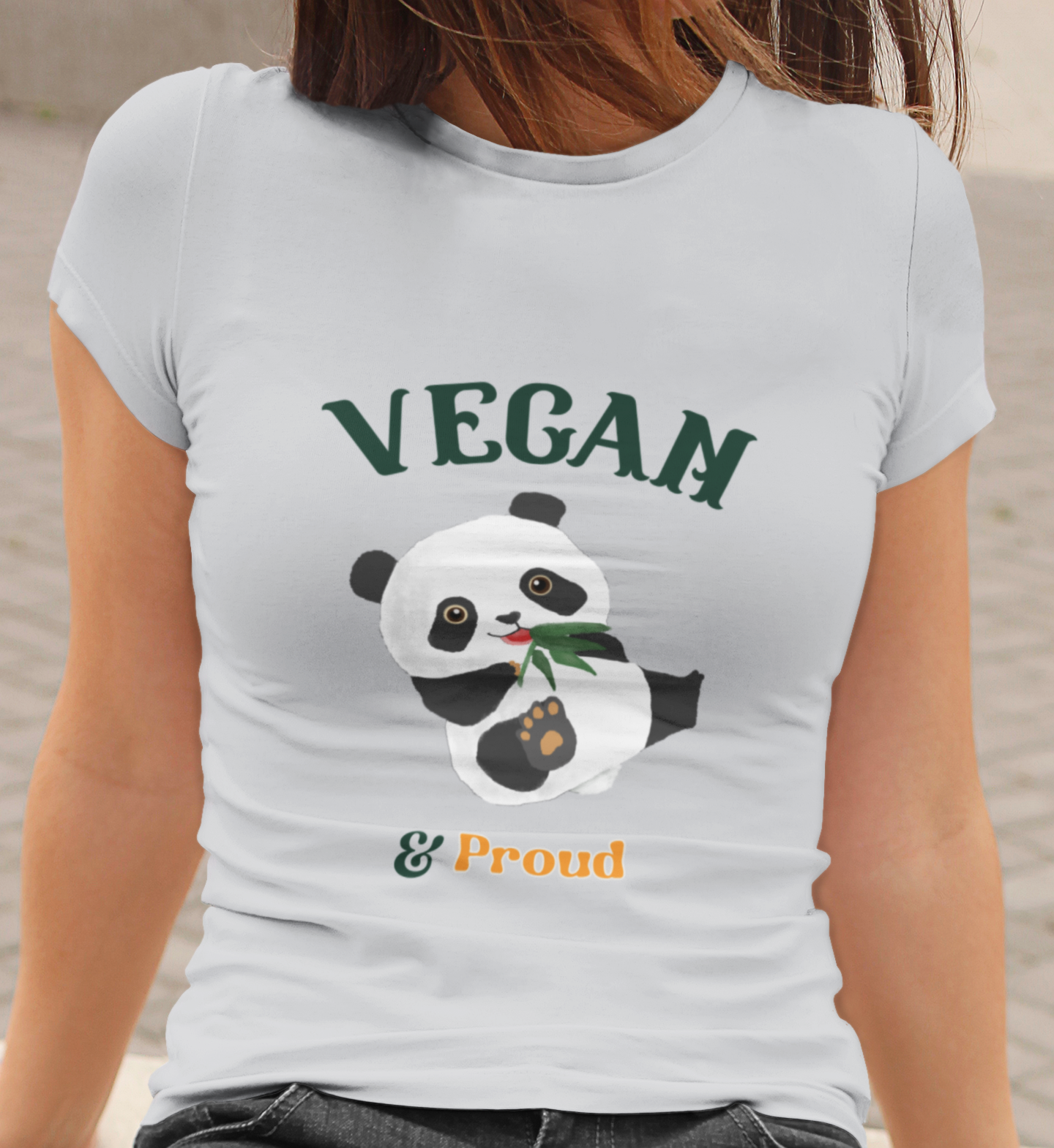 Women's Tee, Vegan Themed T-Shirts, Vegan & Proud, Cute Panda, Powered By Plants