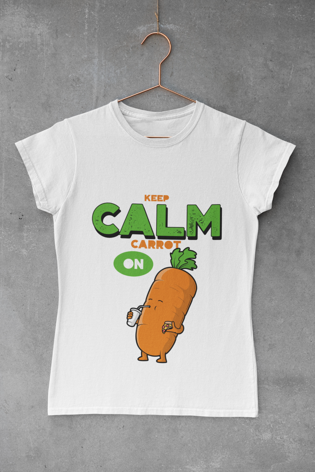 Women's Tee, Vegan T-Shirts, Keep Calm And Carrot On, Powered By Plants, White Colour