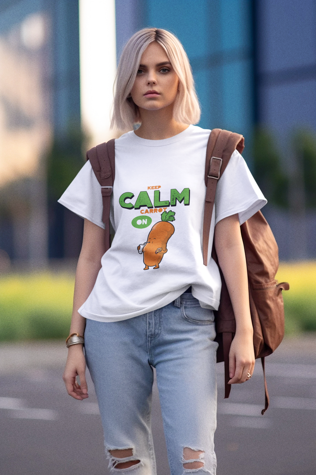 Women's Tee, Vegan T-Shirts, Keep Calm And Carrot On, Powered By Plants, White Colour