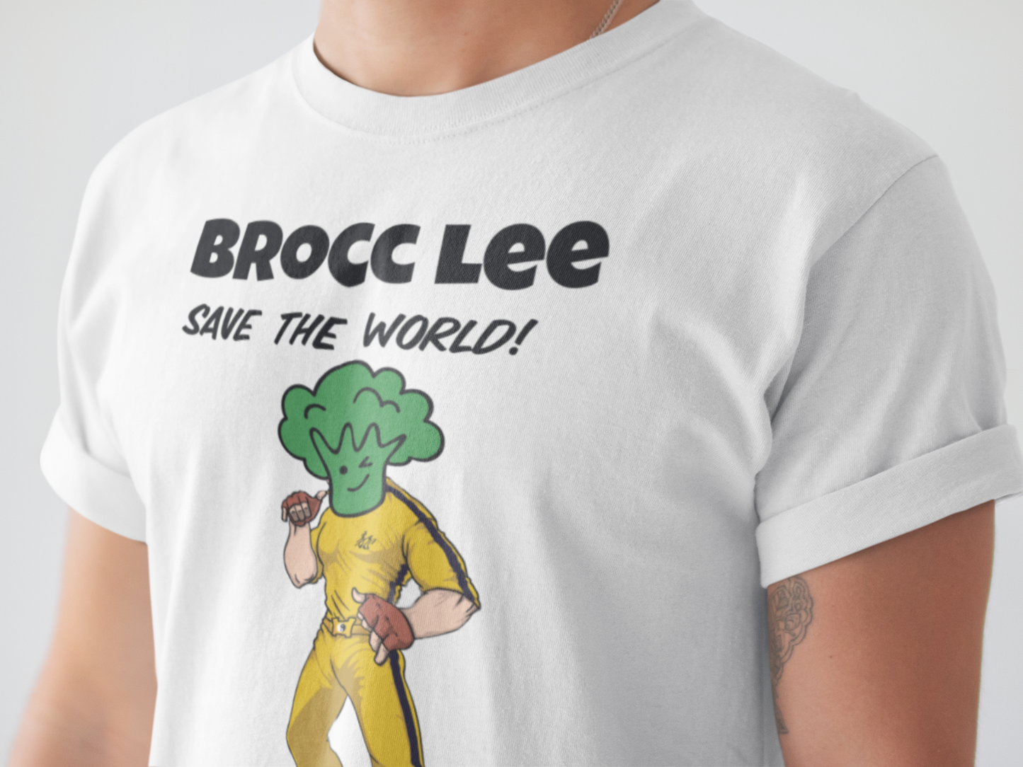 Men's Tee, Vegen Themed T-Shirt, Brocc Lee Save The World, Men T-Shirt, White Colour